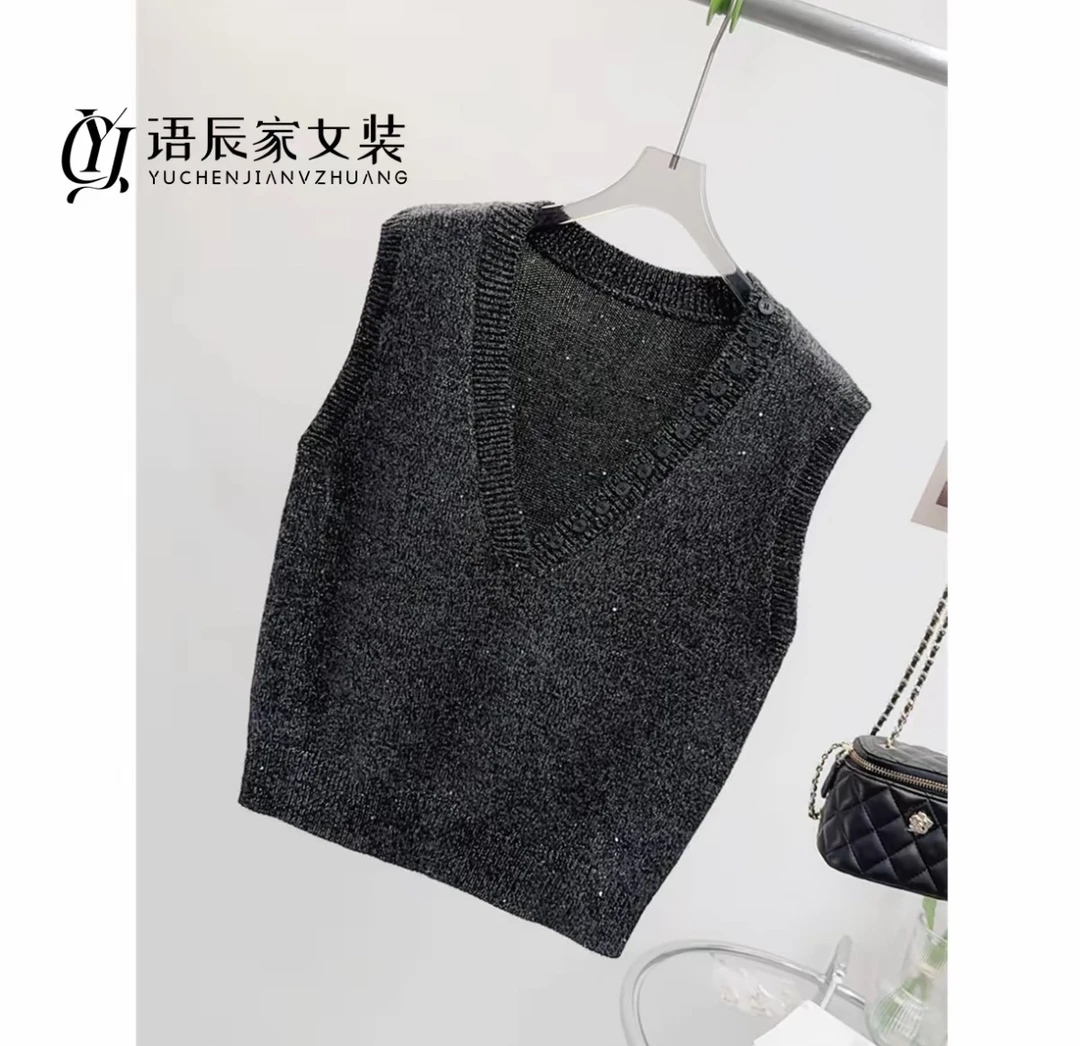B1527 【线下同款】-高定版！V领亮片款式针织衫女马甲无袖上衣