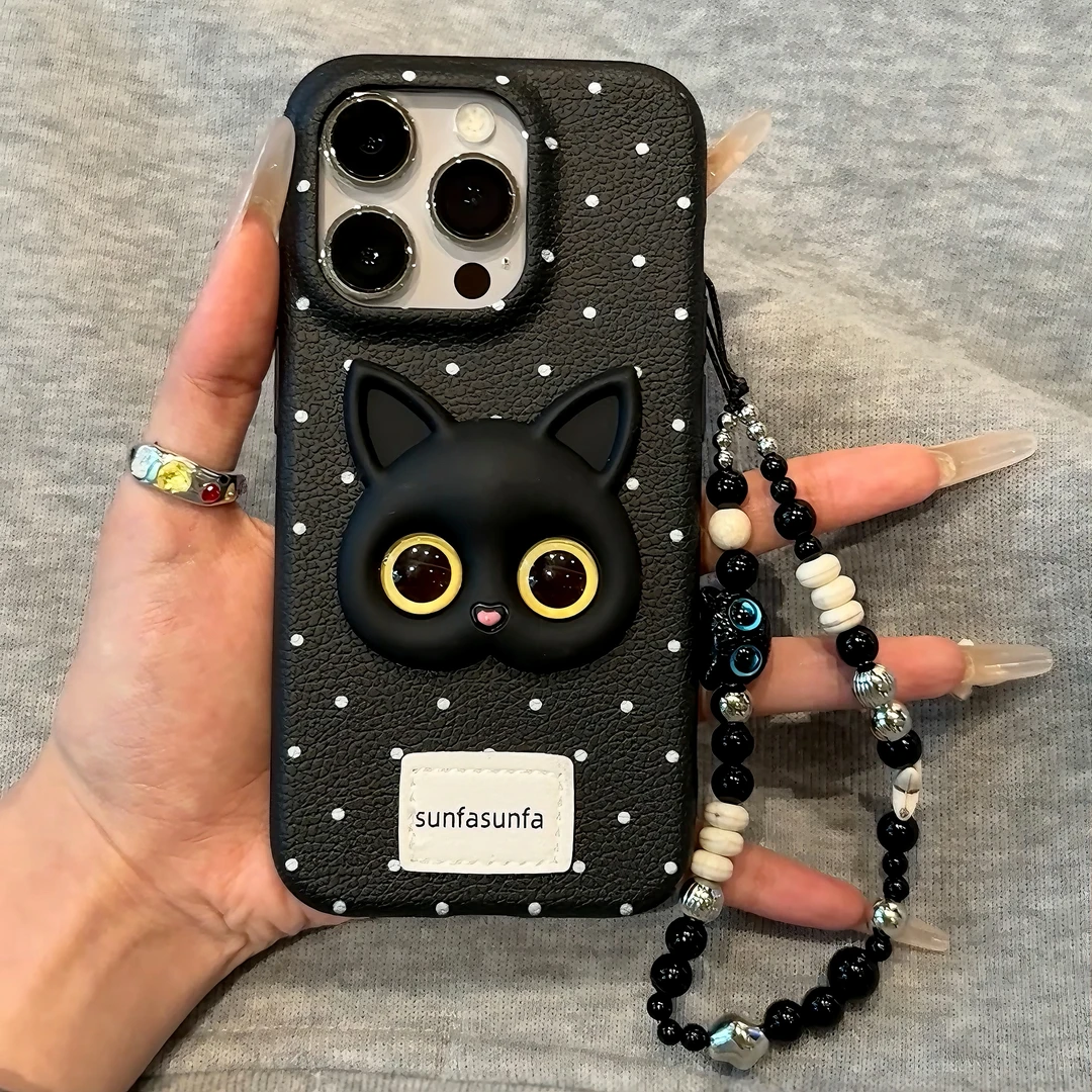 ins个性波点黑猫咪适用iPhone16promax苹果13新款15手机壳14手链