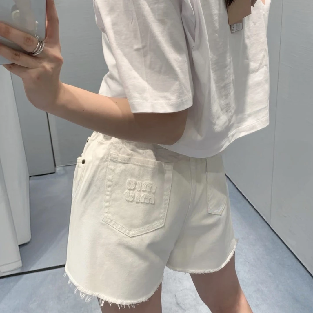 未使用 MIU MIU/缪缪 002922 刺绣徽标毛边丹宁牛仔短裤 25码
