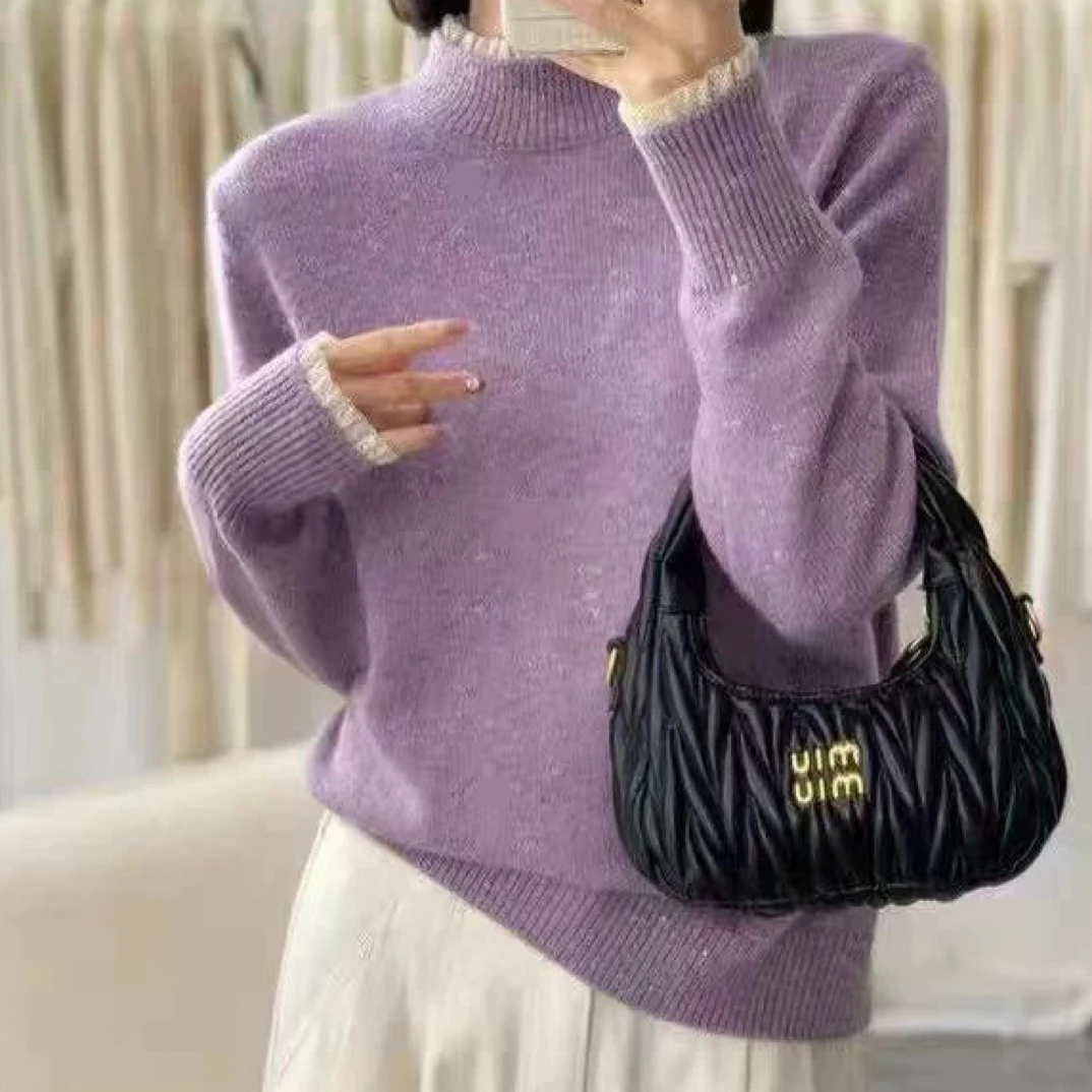 2025冬季新款时尚百搭半高领毛衣时尚蕾丝针织打底衫女上衣秋冬