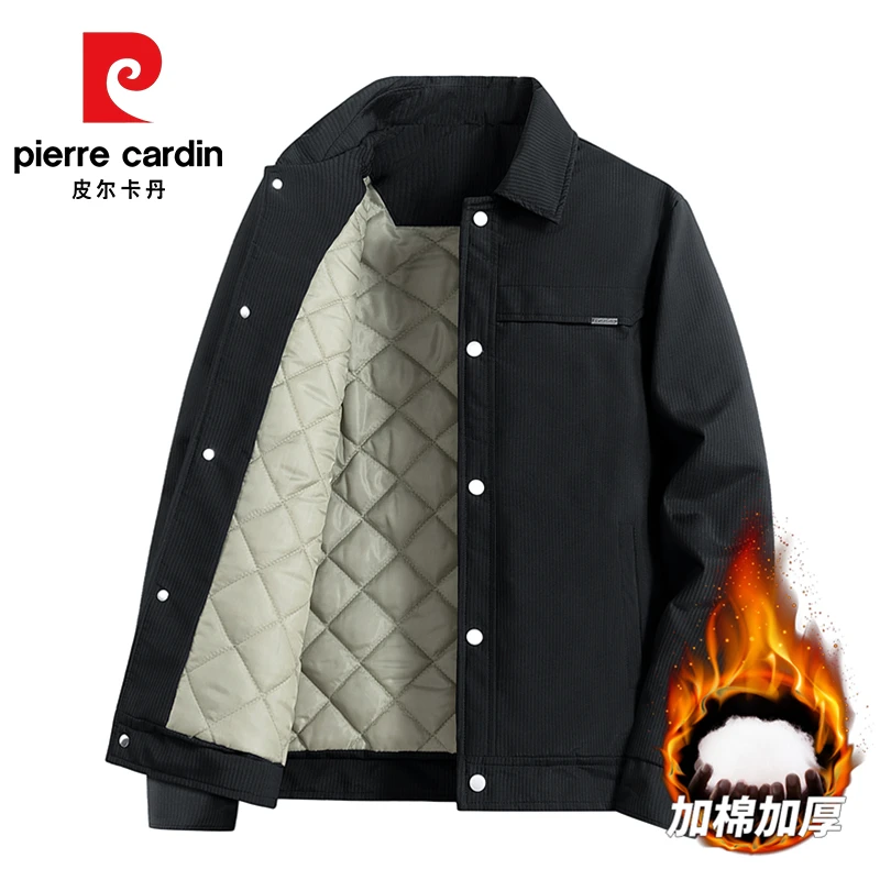 皮尔卡丹男士夹克秋冬新款户外休闲加绒加厚保暖纯色简约时尚外套