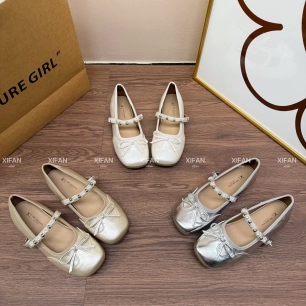 【喜番】2025新款圆头蝴蝶结玛丽珍百搭浅口软底珍珠链法式小单鞋