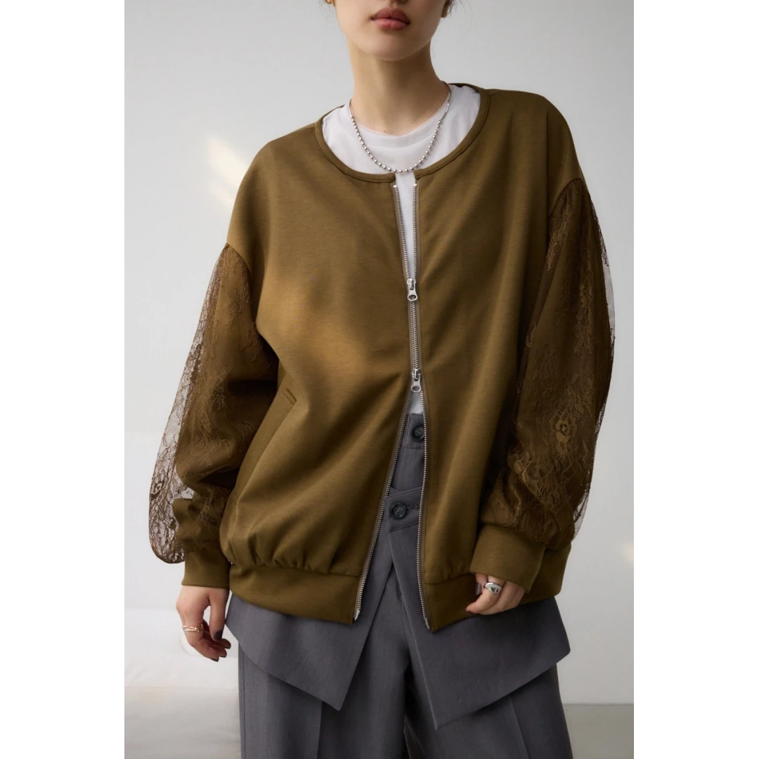 【Montendre】秋冬新款 A 蕾丝拼接袖气质设计感双拉链女士夹克外套