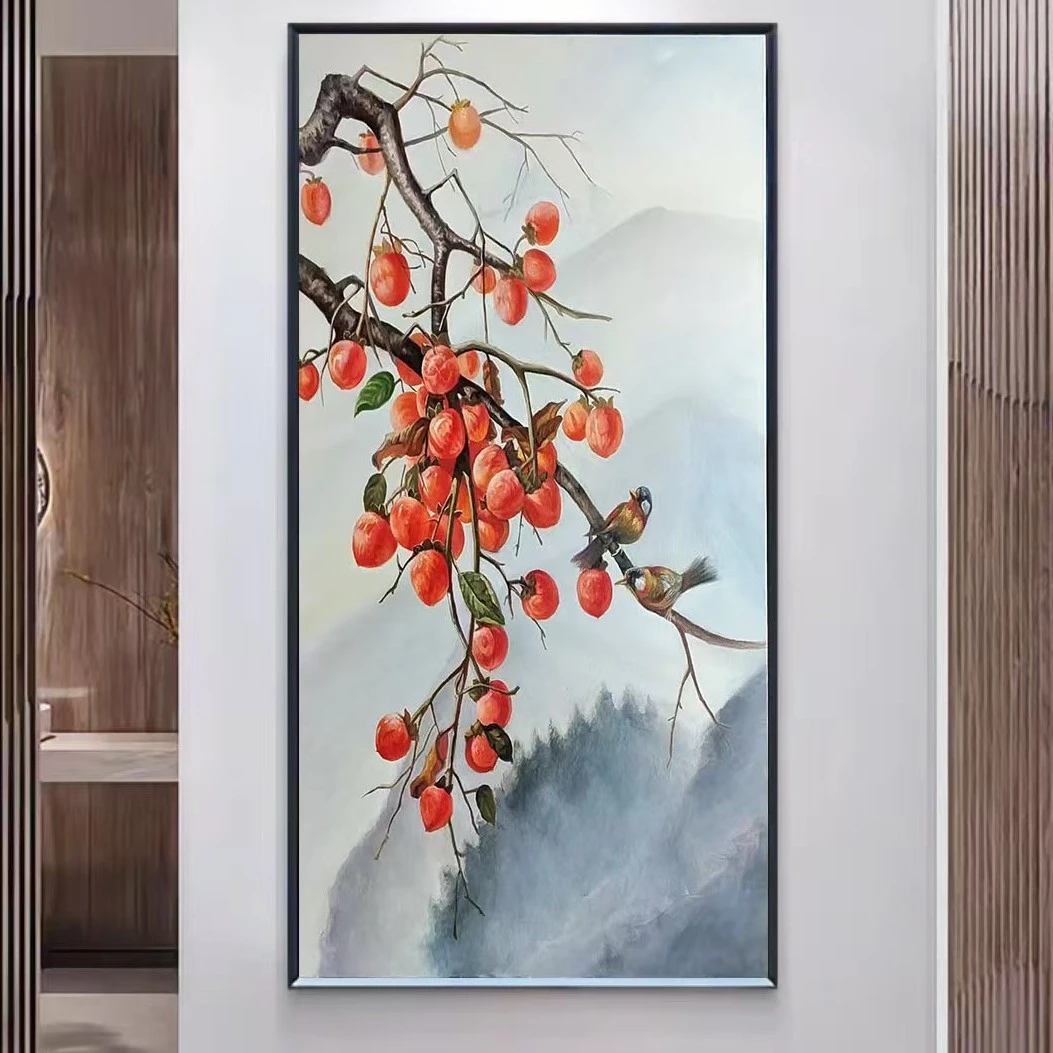 事事如意纯手绘油画柿子装饰画适用于客厅玄关走廊过道80*120cm