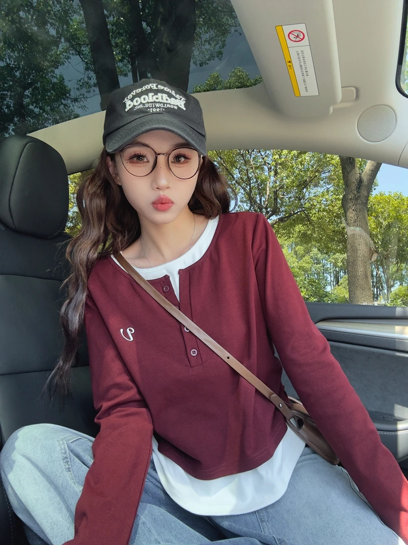 不规则假两件拼接撞色长袖T恤女韩版时尚洋气百搭褶皱收腰上衣ins