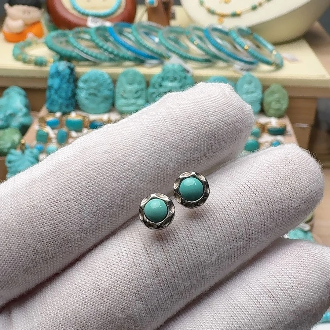 绿松石银S925镶嵌高瓷绿精品耳钉