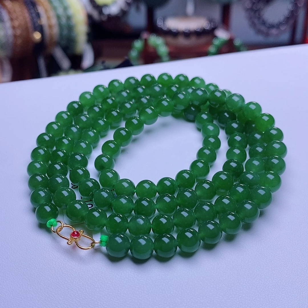 和田玉未镶嵌颈饰毕业级老坑料七号矿碧玉金镶珠链6m