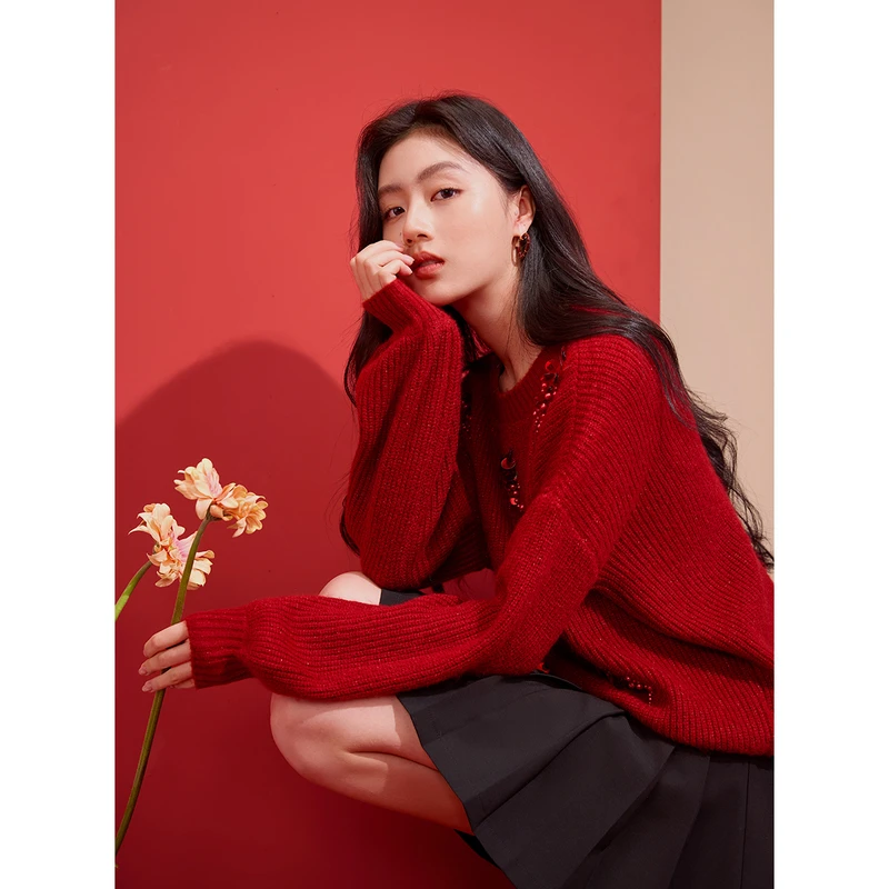 N851222毛针织衫香影欧若新中式红色穿搭毛衣慵懒2025新款