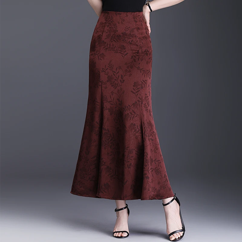 2025春季新款长款高级感缎面提花复古国风包臀气质鱼尾半身裙长裙