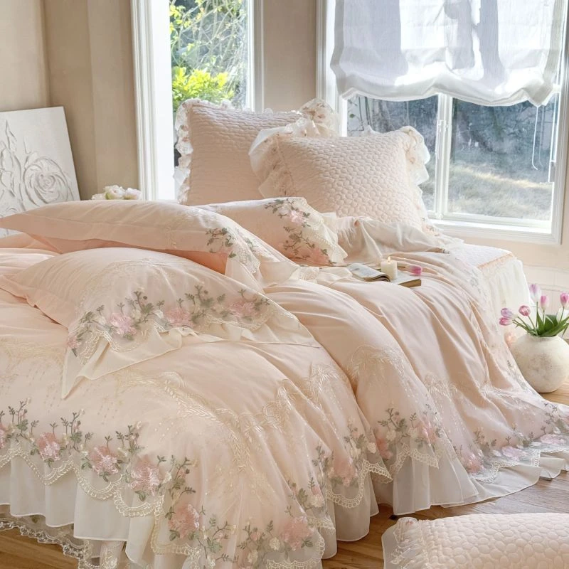 法式高级感全棉长绒棉床盖四件套公主风蕾丝花边被套纯棉被罩床品