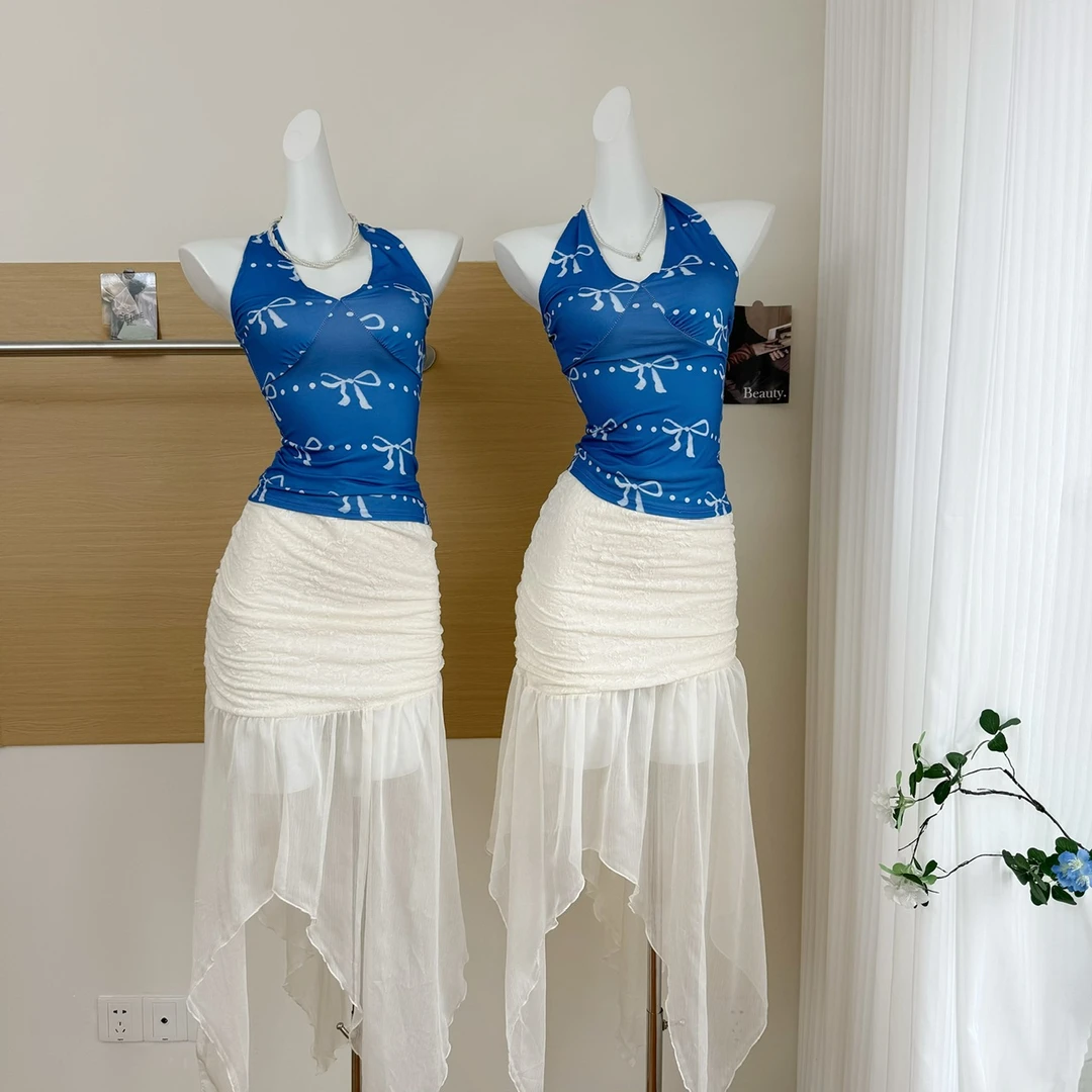 艺术画廊蓝色蝴蝶结印花吊带背心女新款春夏设计感小众上衣+半裙