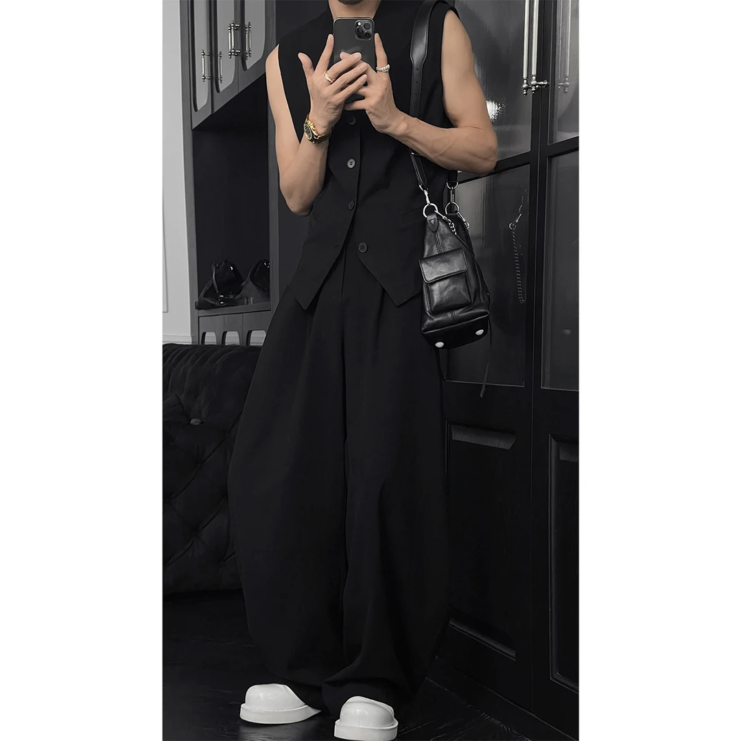 龙叨叨夏季新款潮流复古高级感亚麻V领无袖马甲宽松弯刀长裤套装