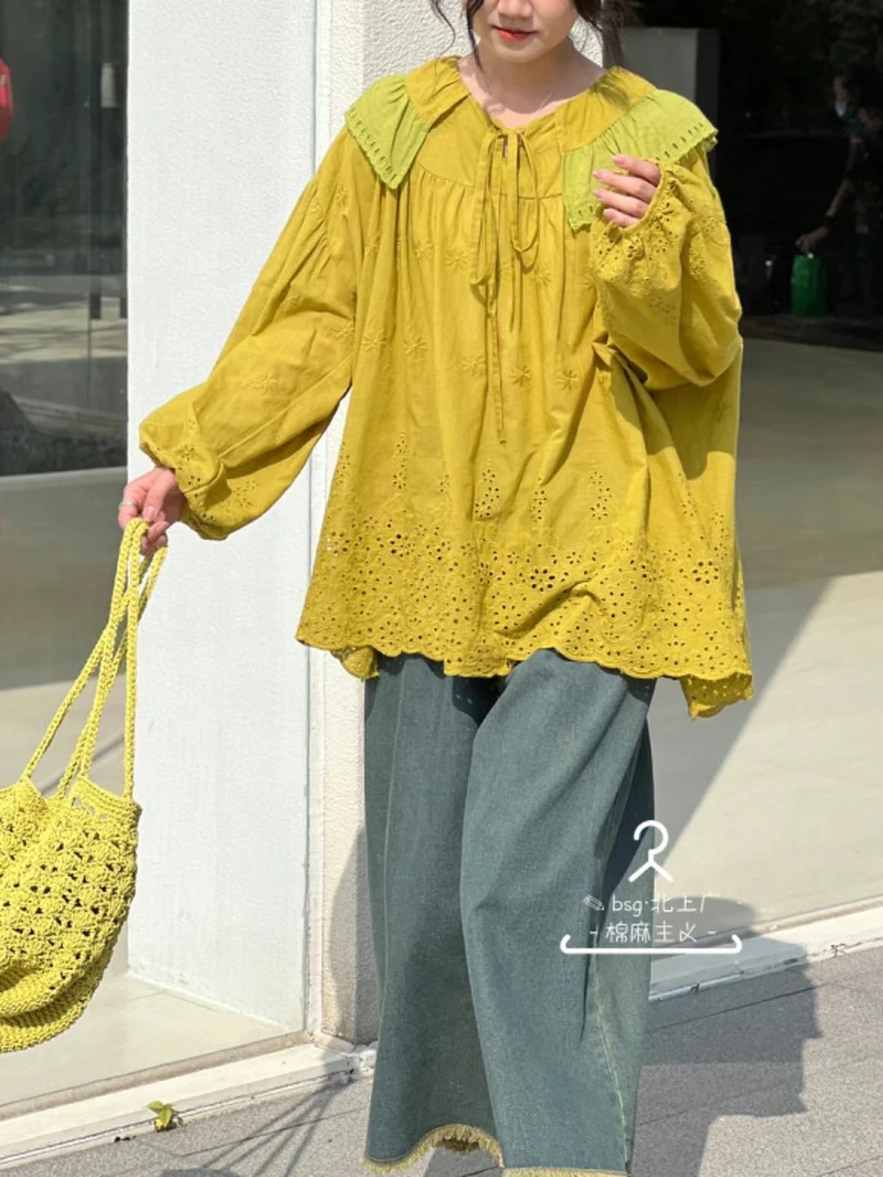 WEIWEI｜春季新款荷叶领宽松系带刺绣衬衫