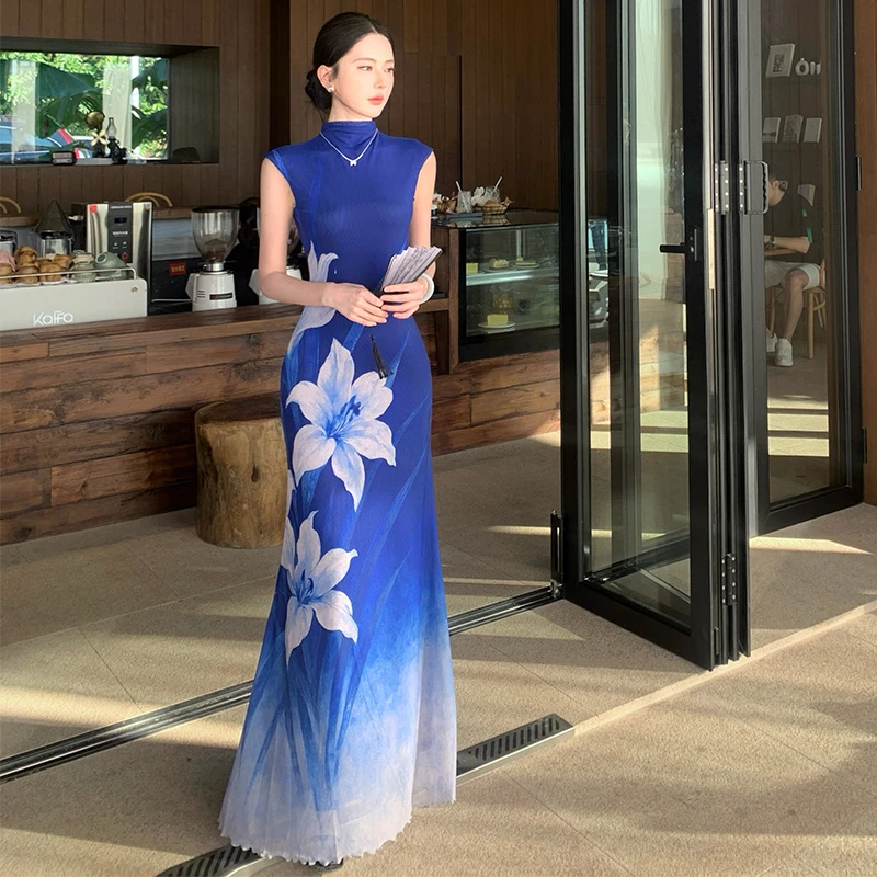 新中式连衣裙女气质名媛清冷感复古印花长裙无袖旗袍裙性感包臀裙