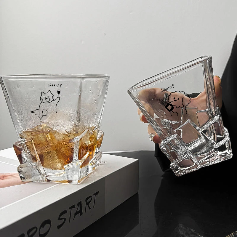 原创小猫威士忌冰块玻璃杯高颜值家用喝水杯子气泡水杯冰咖啡杯
