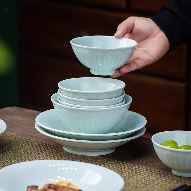 【釉下彩影青烟雨碗盘】碗盘景德镇中式家用饭碗面碗汤碗菜盘餐具