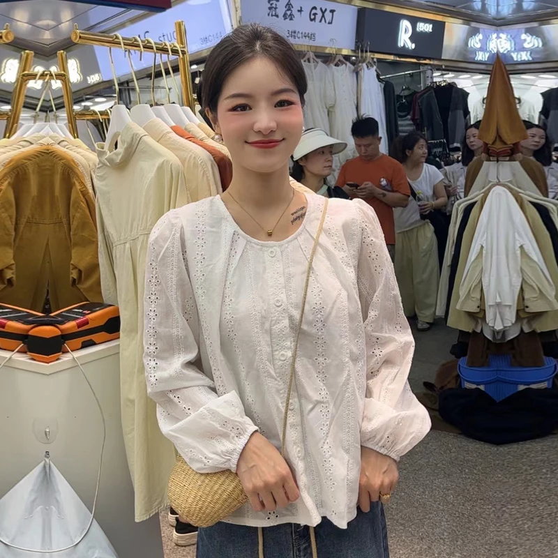 0264大码法式蕾丝长袖衬衫女秋季设计感韩系减龄洋气娃娃衫上衣