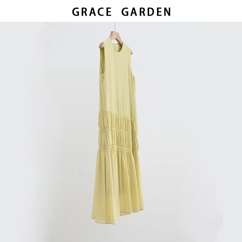 GRACE GARDEN【司马克！】宽松度假风褶皱无袖连衣裙DR5E0203