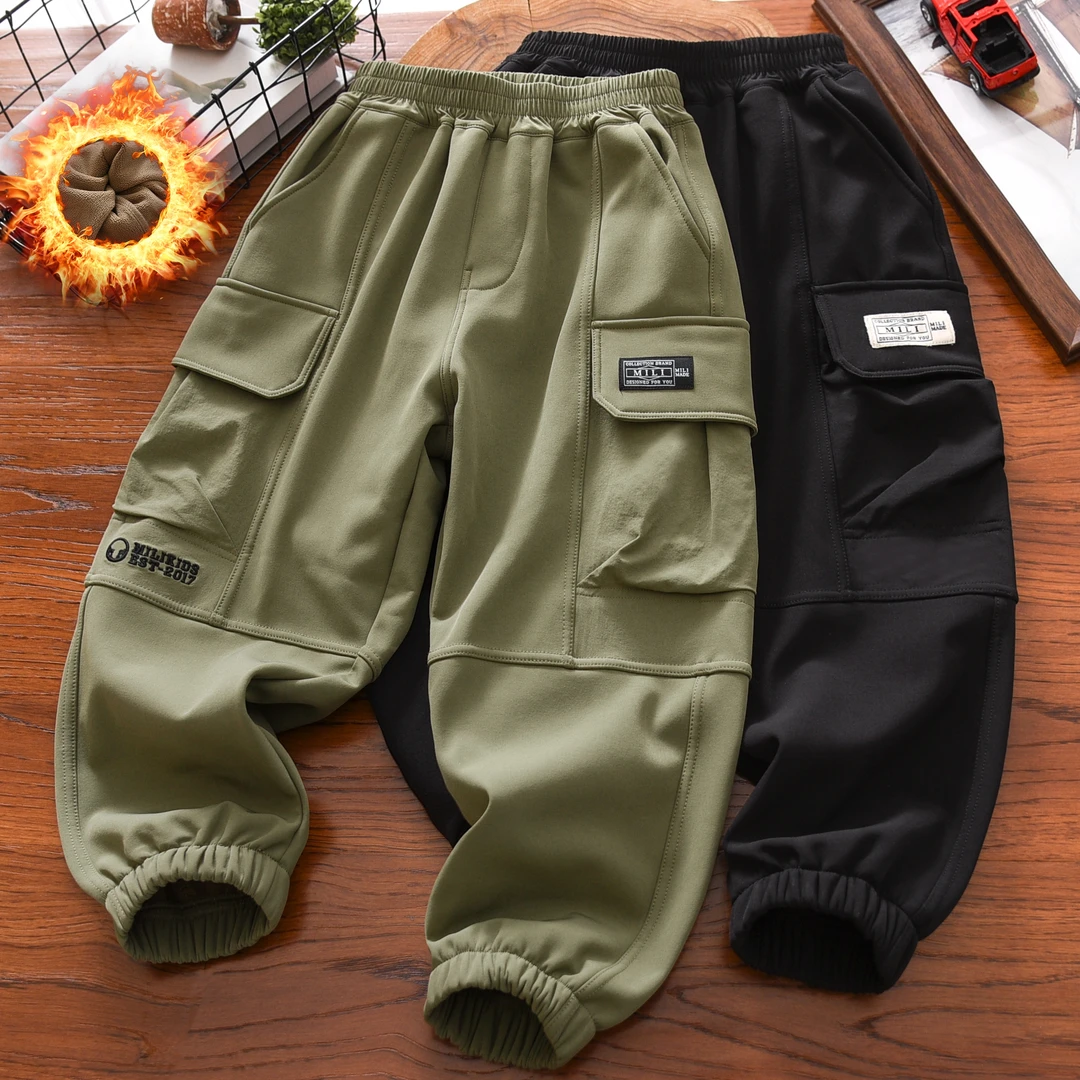 男童加绒裤子秋冬季2025新款中大童男孩奥粒绒加厚儿童工装运动裤