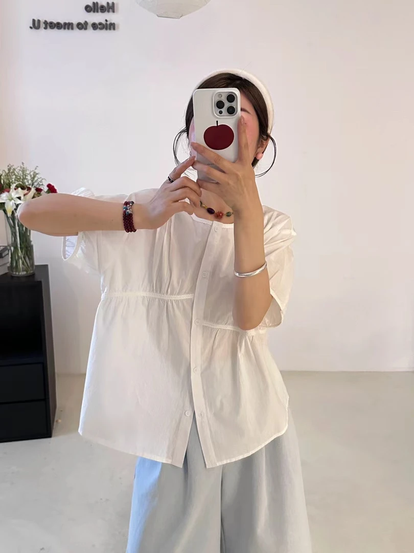 日系宽松显瘦纯色设计感衬衫女