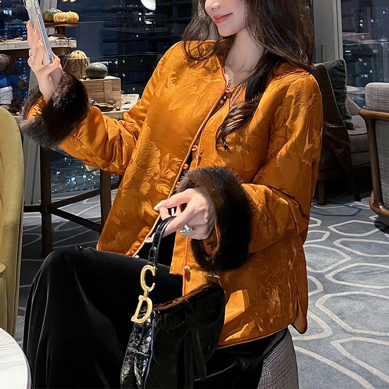 红云纱~新中式45姆米重磅桑蚕丝棉服外套女袖口拼兔毛高级感上衣