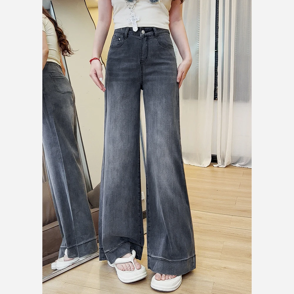 146烟灰色阔腿牛仔裤女显瘦宽松美式高腰新款2025年垂感拖地裤子