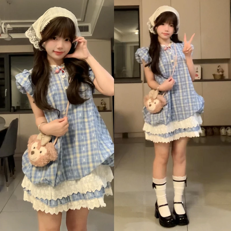 夏季新款可爱少女风甜美休闲格纹印花娃娃裙重工拼接蛋糕裙连衣裙
