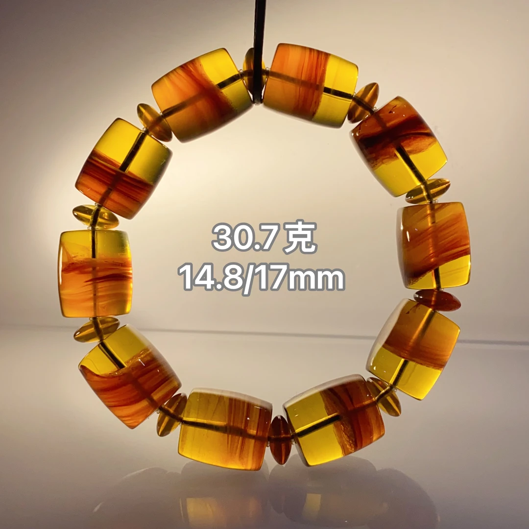 【小伊琥珀】30.7克红蜜一线天「聚宝盆」桶珠手串