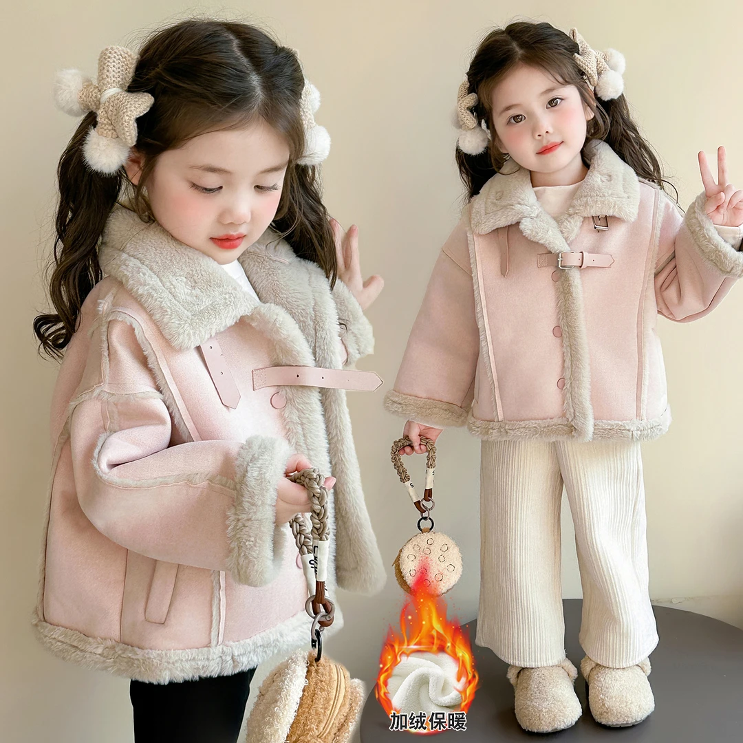 女童外套秋冬季2025新款洋气女宝宝冬装儿童加绒加厚皮毛一体大衣