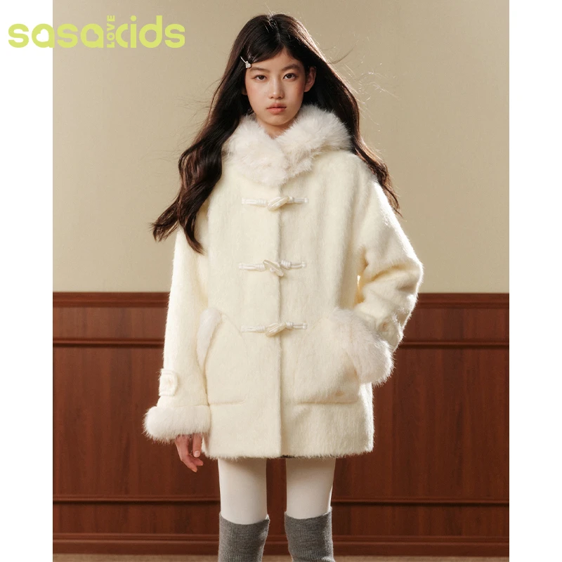 sasakids【椰蓉蛋糕】冬季加绒加厚白色长毛呢大衣宽松中长款外套