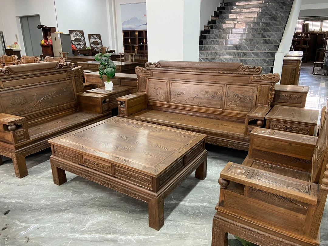 【源头厂家】荷花财源沙发123六件客厅简约组合全套古典红木家具