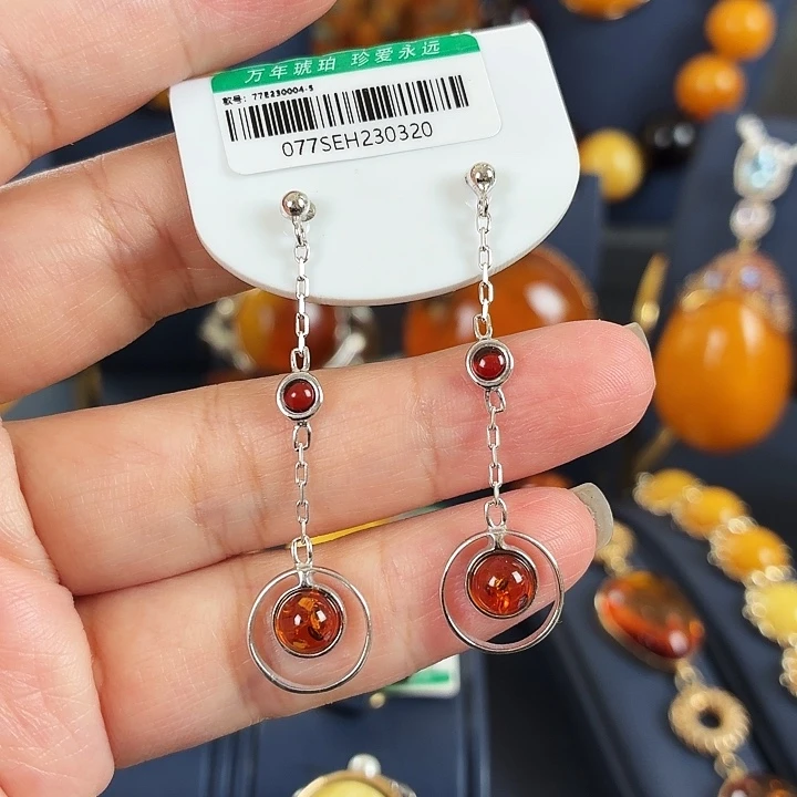 琥珀银S925镶嵌耳饰