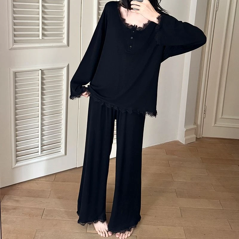 春秋睡衣女款爆款2025新款莫代尔棉蕾丝花边纯色高级宽松家居服