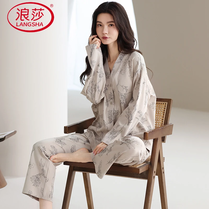 浪莎正品长袖可外穿新款睡衣带胸垫和服女春秋松弛宽松舒适网红家
