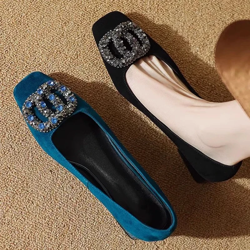 2025四季款3cm粗跟水钻套筒浅口薄款方头软底高跟鞋气质轻职风