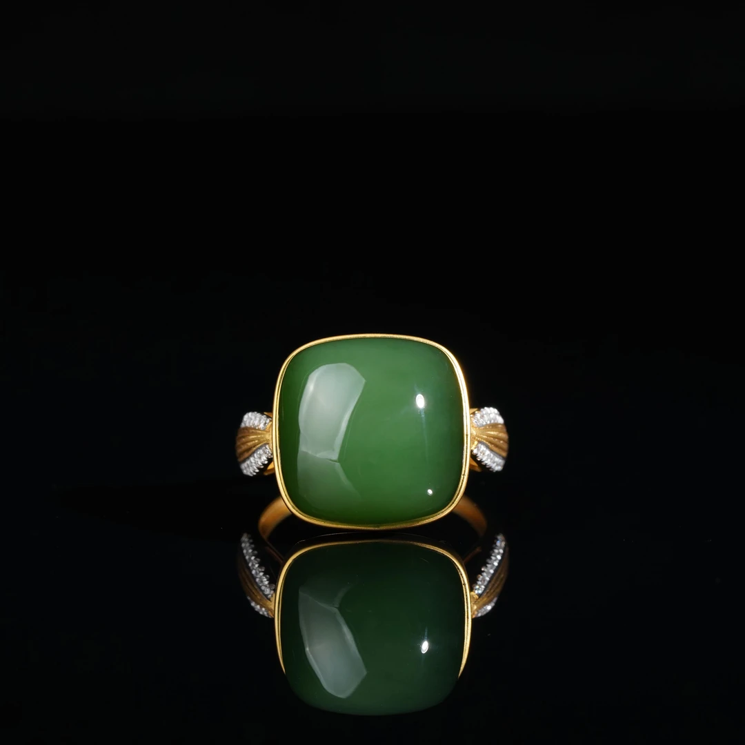 【鹿鸣】18k金俄七老料碧玉方糖戒指 14*14*8mm  D45