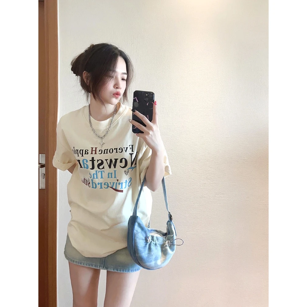 港味复古T恤女夏季2025新款时髦宽松显瘦百搭潮牌短袖上衣女