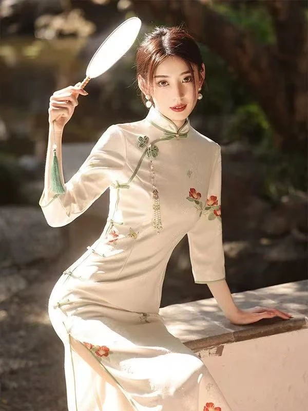 1252 【晚风叙】 米色 花扣 秋款 旗袍【没有流苏】