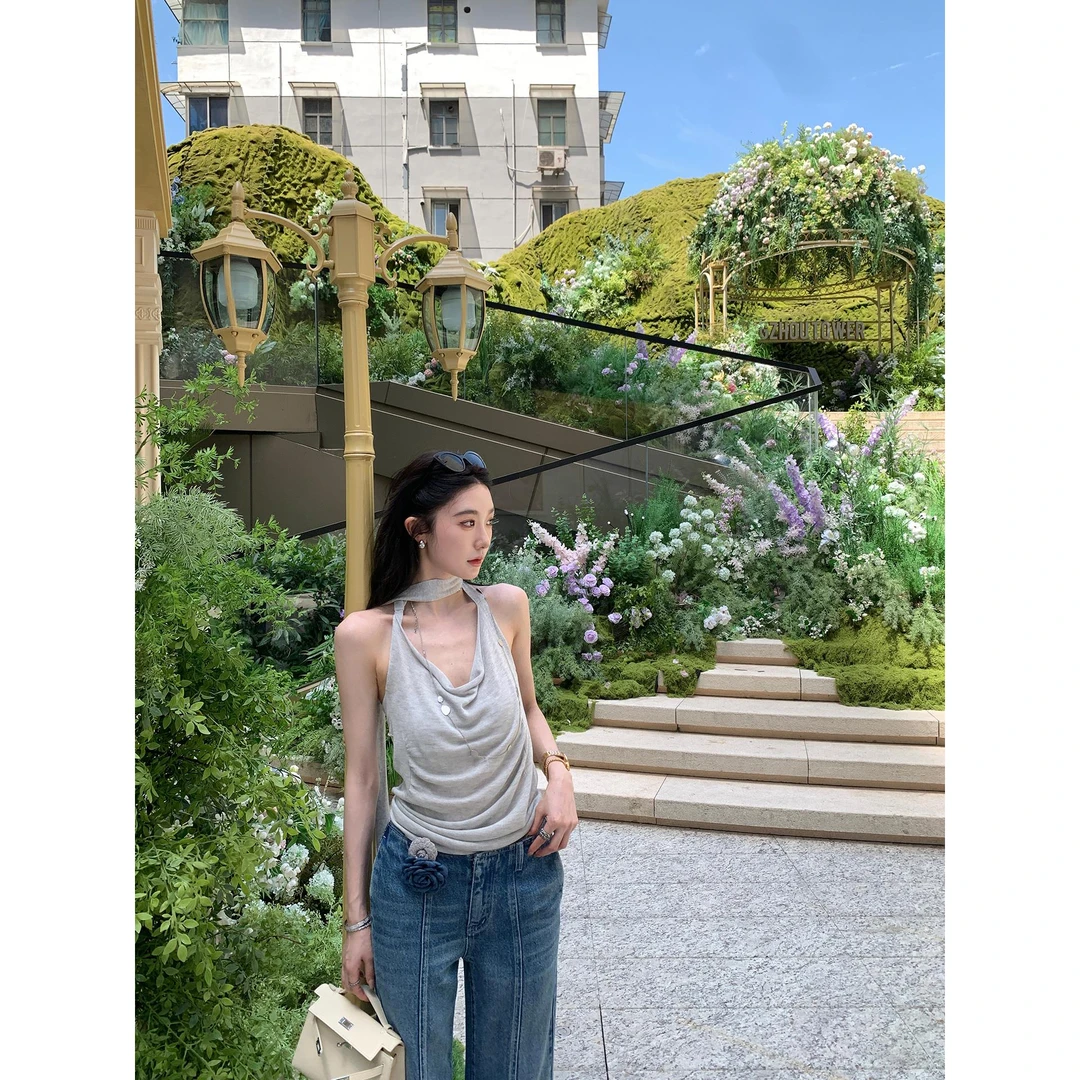 区区欧阳 天丝荡领飘带挂脖吊带背心女夏季外穿辣妹修身显瘦上衣