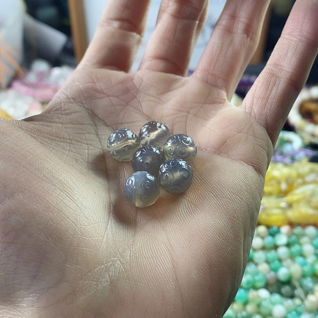 玛瑙/玉髓珠宝半成品未镶嵌五个10mm灰玛瑙回纹珠