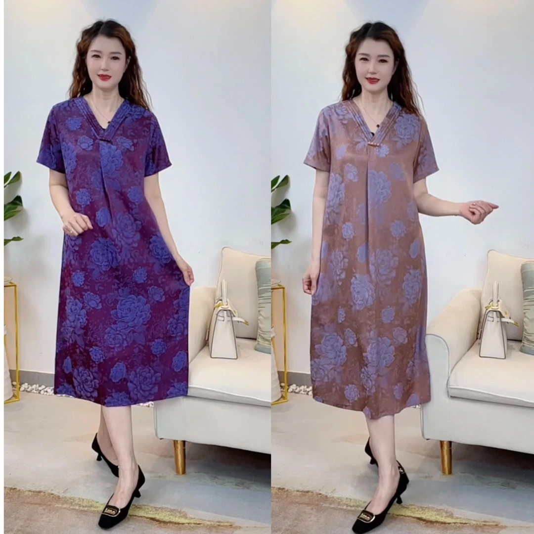 夏季新款宽松提花洋气时尚高贵连衣裙微胖中老年妈妈装