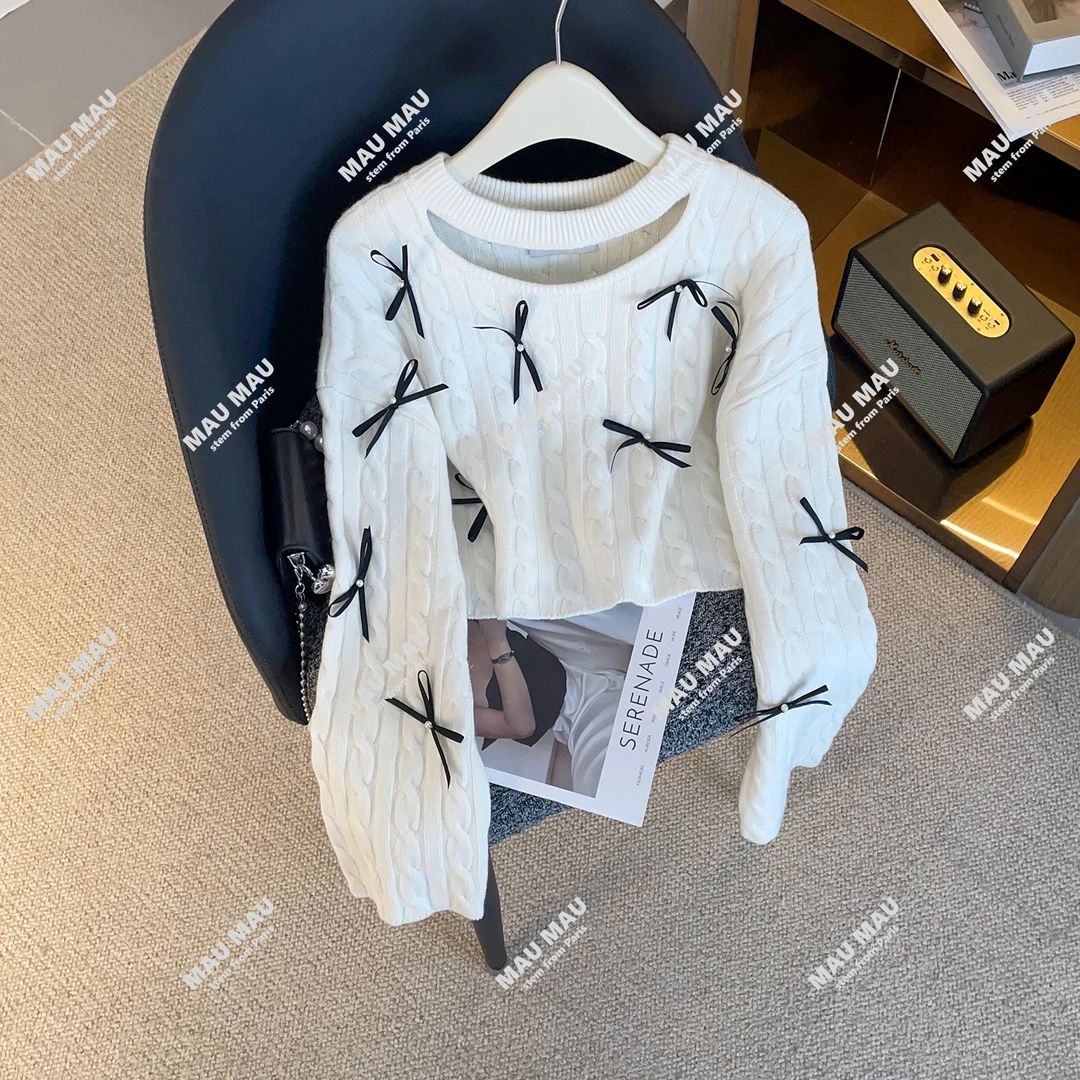 轻奢高端女装25秋款甜美淑女蝴蝶结镂空针织上衣DY8978