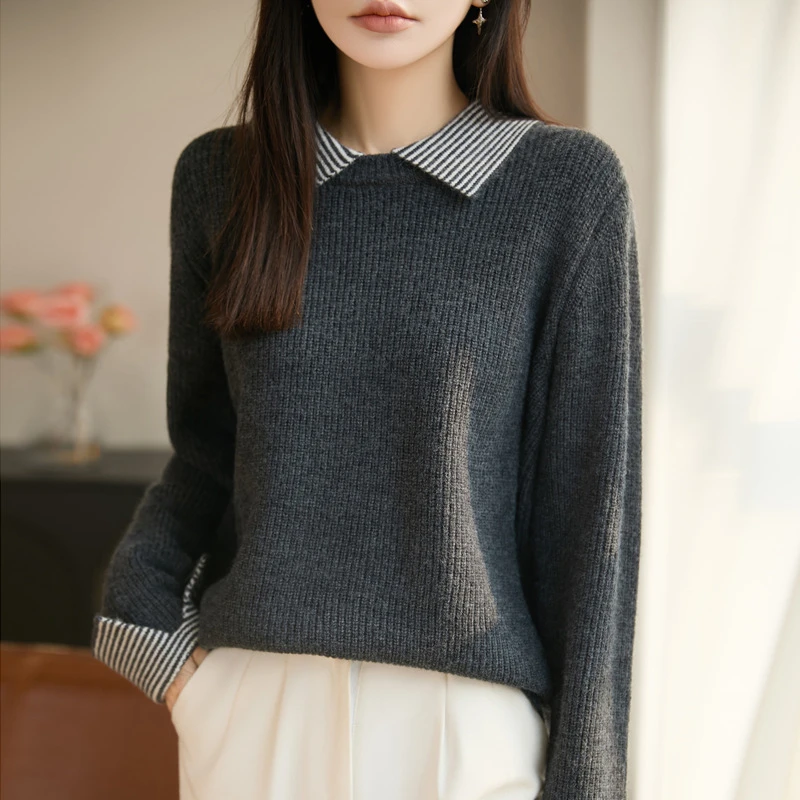 翻领加厚针织衫长袖女拼色设计感打底衫上衣百搭气质显瘦