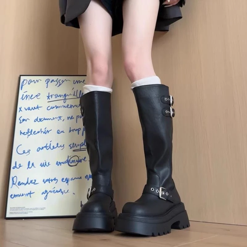 【吐司】厚底长筒靴子女2025新款夏秋显瘦不过膝西部牛仔高筒骑士靴