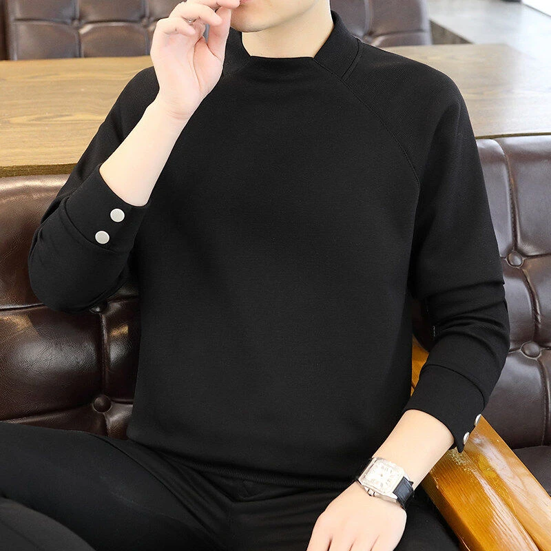 男士长袖卫衣袖扣个性平口领卫衣2025春秋男士潮流半高领韩版