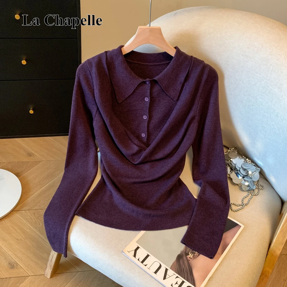 拉夏贝尔2025早秋款显瘦设计感假两件polo领针织衫女辣妹荡领上衣