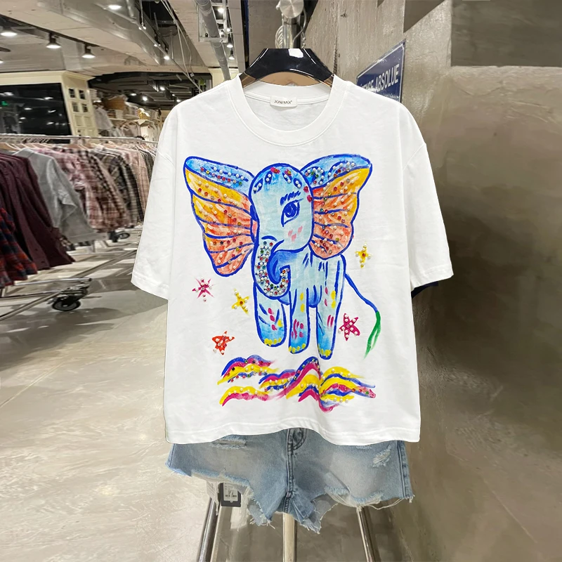 欧货重工卡通大象手绘钉珠短袖t恤宽松大版显瘦圆领休闲百搭女装