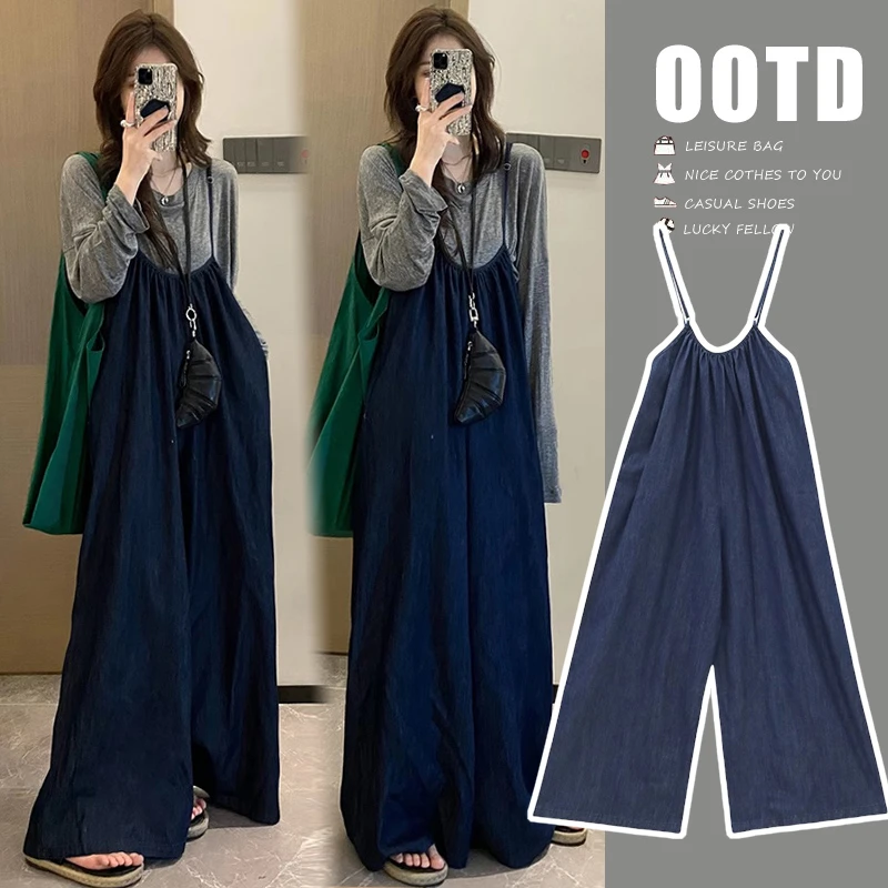 孕妇装2025秋夏季新款时尚韩版宽松复古减龄牛仔背带裤孕妇套装