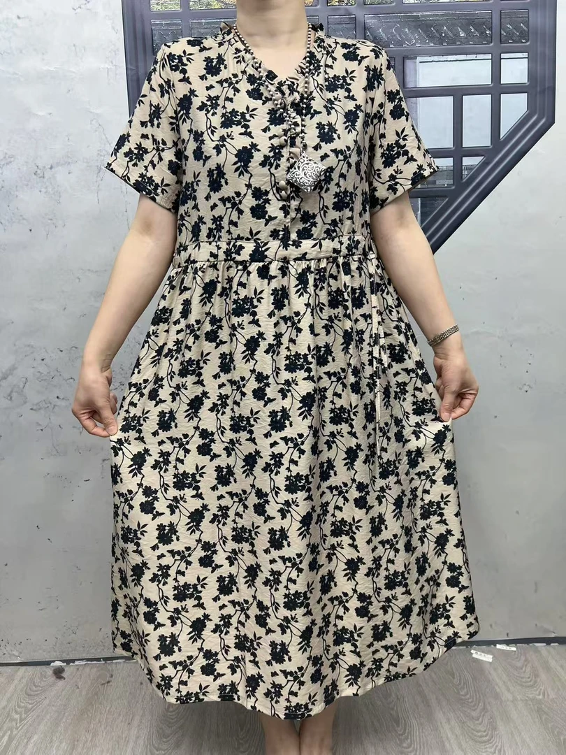 8734新款文艺优雅宽松印花长款大摆复古A字版连衣裙