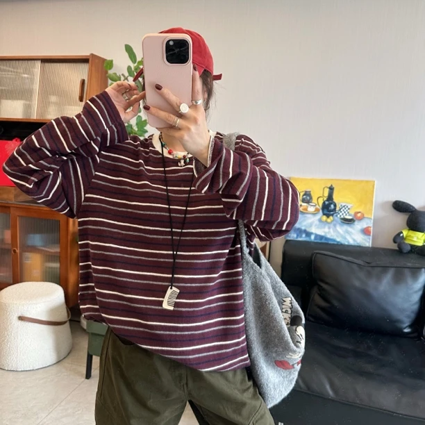 qiqi/琦琦推荐 韩版宽松慵懒休闲条纹撞色圆领长袖T恤打底女